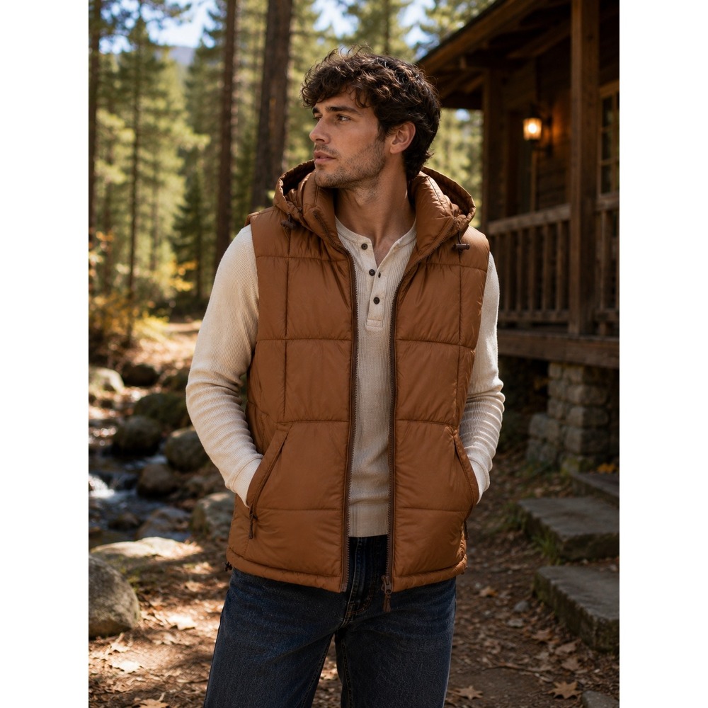 American Eagle PrimaLoft Hooded Puffer Vest Brown Full Zip Men's Medium